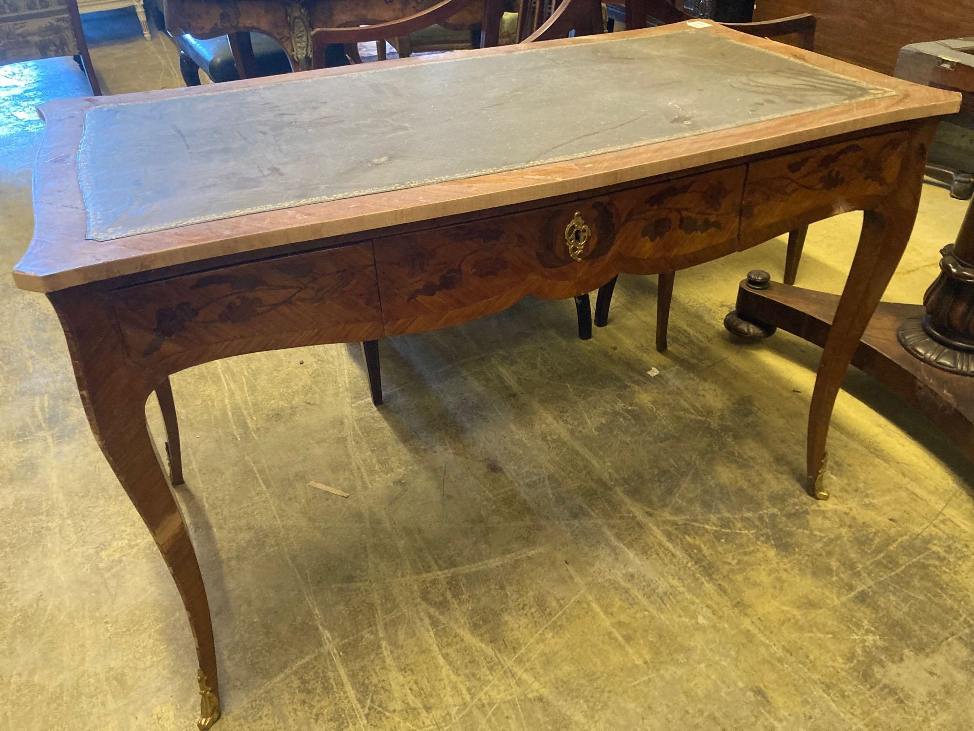 A Louis XVI style kingwood writing table, with central drawer, width 114cm and a Victorian mahogany hall chair